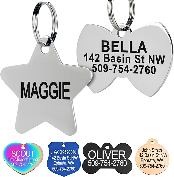 GoTags Stainless Steel Pet ID Tags, Personalized Dog Tags and Cat Tags, up to 8 Lines of Custom Text, Engraved on Both Sides, in Bone, Round, Heart, Bowtie and More (Star, Small (Pack of 1))