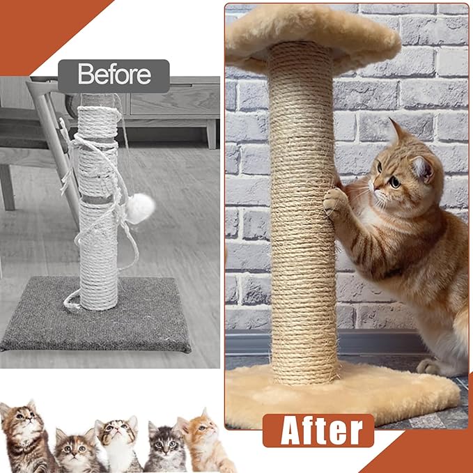 90M Sisal Rope for Cat Scratchers, Cat Scratching Sisal Rope 6mm Natural Jute Hemp Rope, Ideal for Replace Scratching Post, Repair Cat Tree, DIY Projects