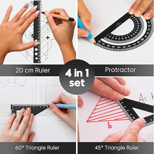 MSDADA Triangle Ruler, Protractor, Square and Ruler Set, 4 Pieces Aluminum Alloy Ruler, Metal Drafting Ruler Kit, Geometric Protractor for Student, School, Home, Office (Black, 20cm/7.87inch)