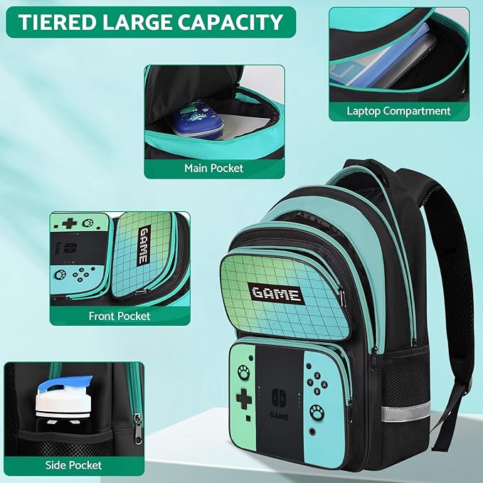 Kids Backpack For Boys，Gamer Boys Backpack For Children Teens Elementary Middle School, 17″ Students Bookbag
