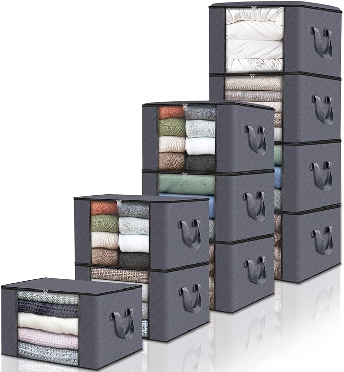 Fab totes Storage Bags,Clothes Blanket Storage Bins Foldable Closet Organizers with Reinforced Handle for Home Dorm Storage and Organization,Fabric Bags for Organizing Sheets,Clothing (Grey,10 Pack)