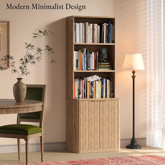 71" Oak Bookcase with Doors, 5-Tier Fluted Tall Bookshelf with Storage, Librero with Cabinet for Home Office, Living Room,or Bedroom