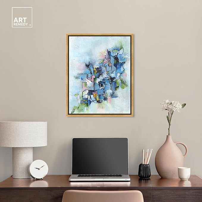 Art Remedy Poesy Canvas Modern Blue Abstract Wall Art, Gold Frame, 20" x 24"