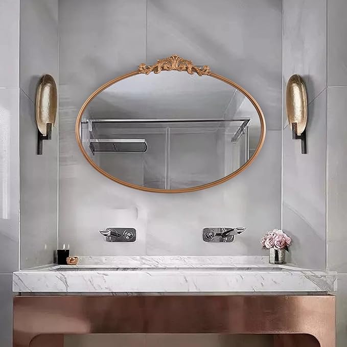 Oval Gold Mirror for Bathroom Vanity, Baroque Ornate Vintage Wall Mirror with Large Rounded Metal Frame, Decorative Antique Brass Mirror for Bedroom, Dresser, Entryway (Gold, 24”x 35.5" x1.2")