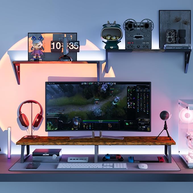 TEAMIX 42 inch Large [Dual] [Monitor] [Riser],Rustic Brown Extra Long TV [Stand Wood & Steel Desktop [Riser] with Storage for [Dual] Screen Office Desk Organization