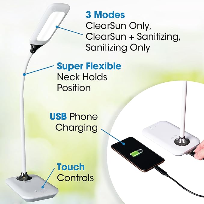 Ottlite Enhance LED Sanitizing Desk Lamp with USB Charging – Eliminates up to 99.9% of Bacteria, Touch Activated, Flexible Neck, Modern Light for Reading, Crafting & Office Desktop