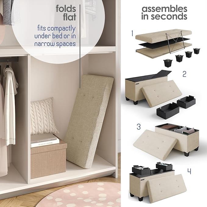 STORAGEBUD Storage Ottoman Bench with Bins, 30-in Storage Bench for Bedroom End of Bed, Folding Foot Rest Ottoman for Living Room Max 660lbs, Fabric Ottomans, Beige