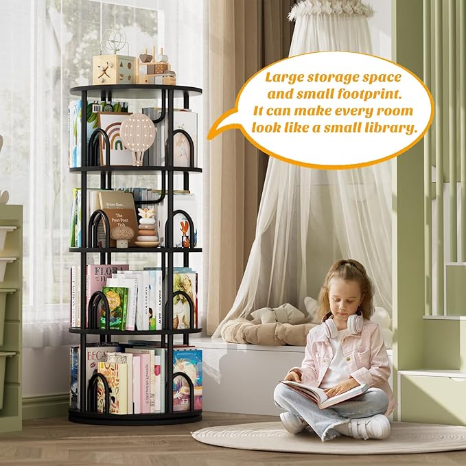 Aheaplus 4 Tier Rotating Bookshelf Tower, 360 Display Spinning Bookcase, Revolving Round Book Shelf Narrow Swivel Bookshelf, Vertical Turning Spiral Corner Book Organizer for Small Space, Black