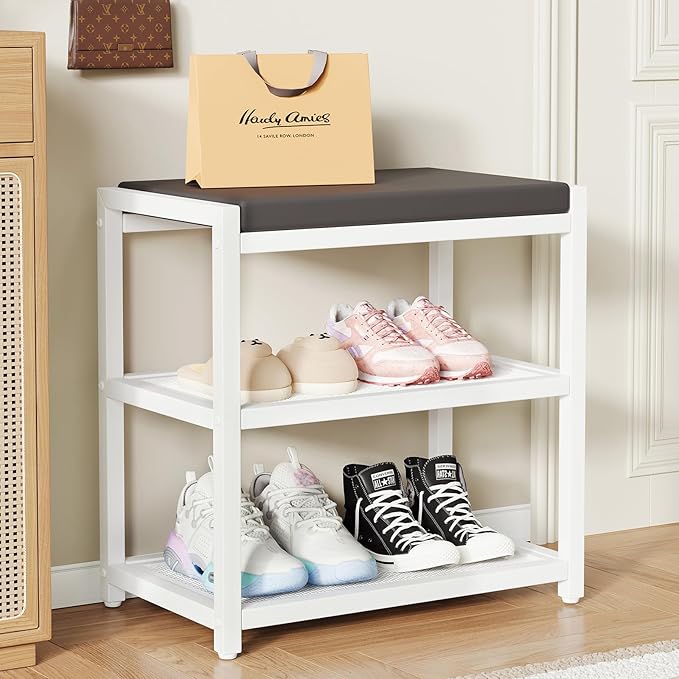 Small Shoe Bench Shoe Rack Storage Bench Entryway Bench Shoe Shelf with Seat Cushion, Stable Shoe Organizer for Entryway, Living Room, Bench Seat Holds Up to 300 lb, (18"L x 12"W x 17"H, White)
