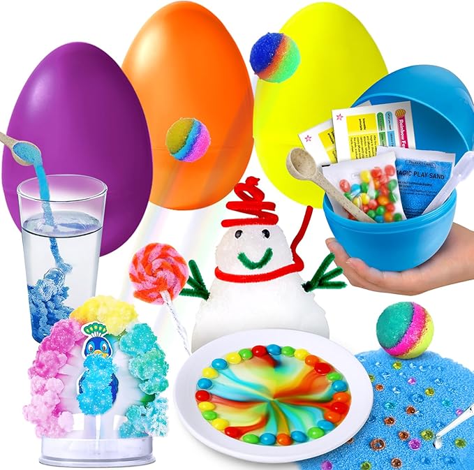 UNGLINGA 4 Jumbo Easter Basket Stuffer Surprise Eggs, 6 Science Experiments for Kids, Easter Toys Gift Idea for Boys and Girls Party Favor Educational STEM Activities Kit
