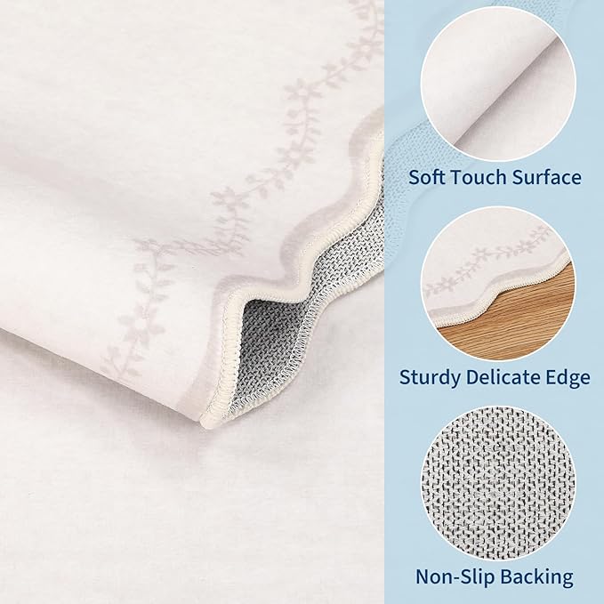 GarveeHome 4x6 Neutral Beige Scalloped Washable Area Rug for Girls Bedroom, Solid Floral Soft Nursery Rug Non Slip Low Pile Small Carpet Stain Resistant Throw Rug for Dorm Kids Room Office Dining Room