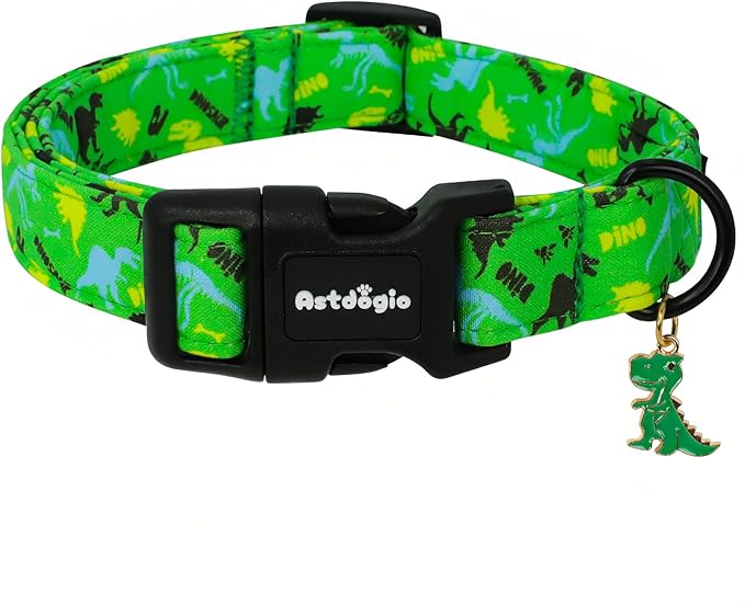 Dinosaur Dog Collar竊똆reen with Multicolor Dino Pattern Handmade Cotton Collar for Small Medium Large Dogs, Adjustable & Comfortable Puppy Collar for Daily Walks, Park Adventures or Photos-XS