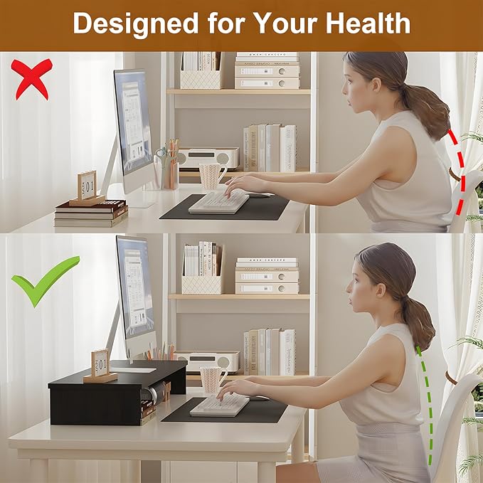 Dual Monitor Stand Riser, Large Computer Monitor Stand for Desk, Monitor Riser for 2 Monitors, Wood Desk Shelf for Top of Desk, Desktop Organizer for Computer, Laptop, Printer, TV