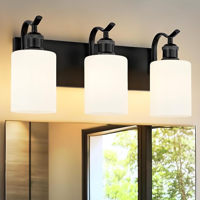 Black Vanity Light, 3-Light Bathroom Light Fixture, Modern Wall Sconce with Milk Glass, VL01BKW-3