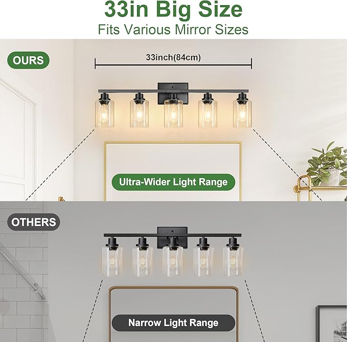 Ascher 5-Light Bathroom Light Fixtures, 33 Inch Vanity Lights with Clear Glass Shade, Modern Black Finish Wall Light for Mirror Bedroom Hallway Cabinet Porch