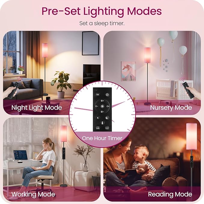 Dimmable Pink Floor Lamp for Living Room with Remote and Foot Switch, Corner Floor Lamp for Bedroom, 64.4" Standing Tall Lamp, 10W 900LM Bulb Included, 3000K-6500K, Linen Shade, FCC Listed P06LD05W1