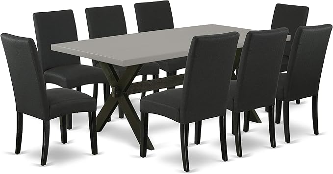 East West Furniture X697DR124-9 9 Piece Modern Dining Table Set Includes a Rectangle Wooden Table with X-Legs and 8 Black Color Linen Fabric Upholstered Chairs, 40x72 Inch, Multi-Color
