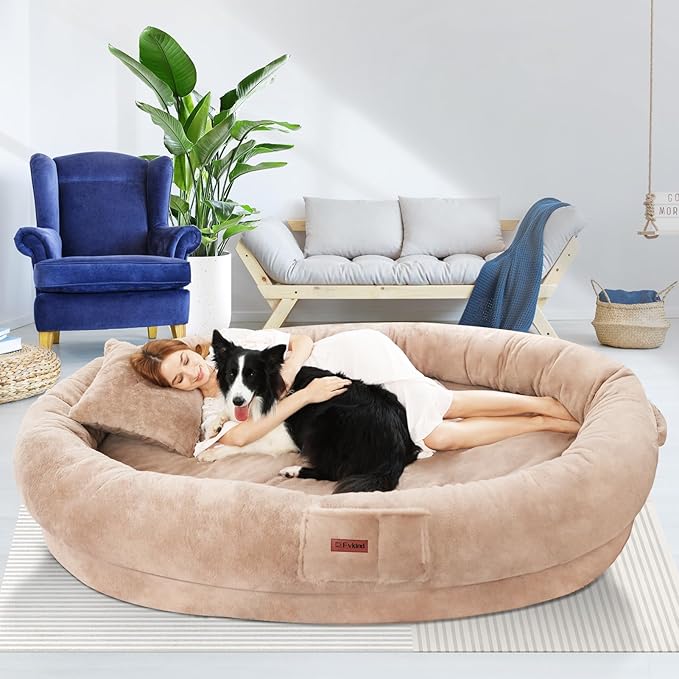Human Dog Bed for Adults, 71"x51"x12" Washable Orthopedic Size, Faux Fur Removable, Cozy Large Present with Blanket and Pillow, Khaki