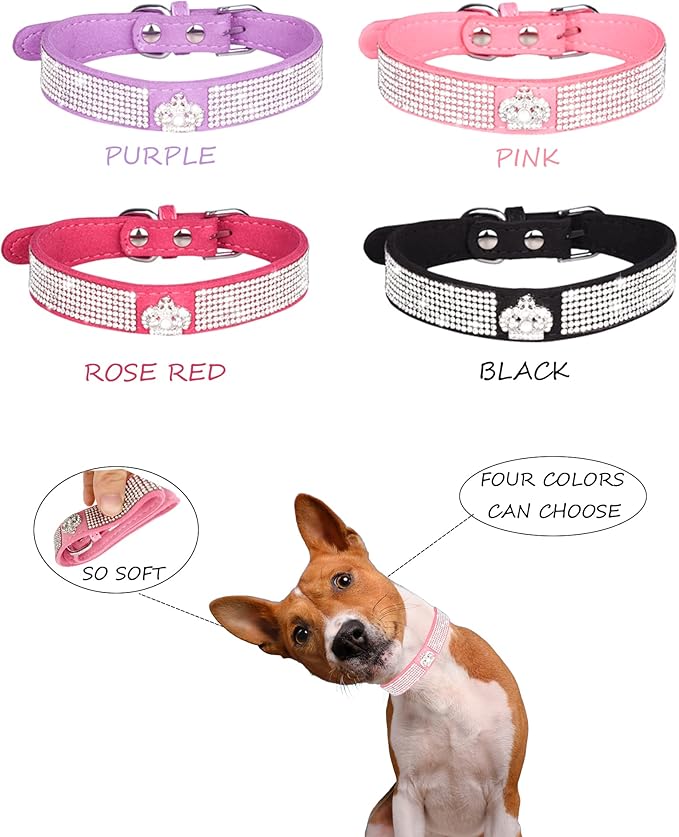 Dog Collar for Small Dogs, Adjustable Leather Suede Bling Dog Collars，Pink Dog Collar Cat Collar, Rhinestone Dog Collar (L, purple3)
