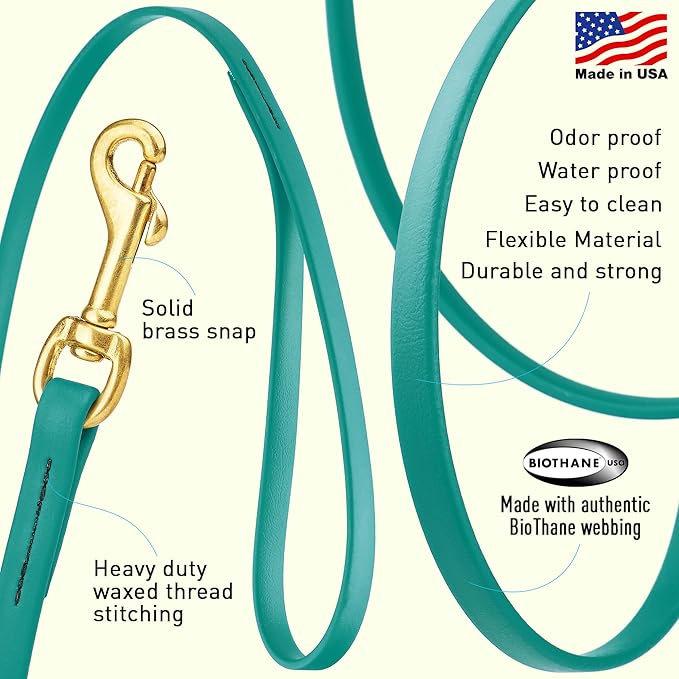 Viper Biothane K9 Working Dog Leash Waterproof Lead for Tracking Training Schutzhund Odor-Proof Long Line with Solid Brass Snap for Puppy Medium and Large Dogs, 33ft Blue Aqua