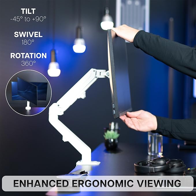 VIVO Heavy Duty Single Monitor Tension Arm for up to 27 inch Screens, Holds 14.3 lbs, Premium Desk Mount Stand, White, STAND-V101OW