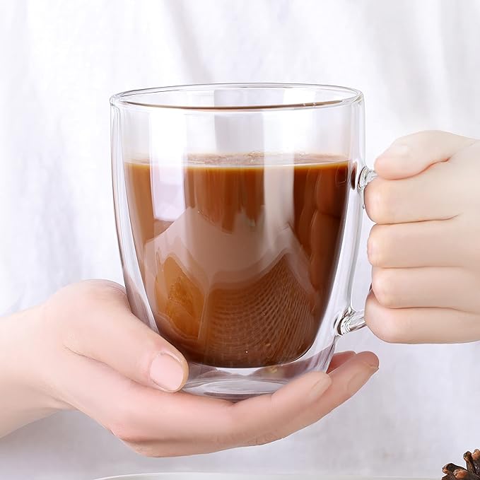 CNGLASS Large Double Wall Glass Coffee Mug 17 oz,Insulated Glass Coffee Cups with Handle,Set of 2
