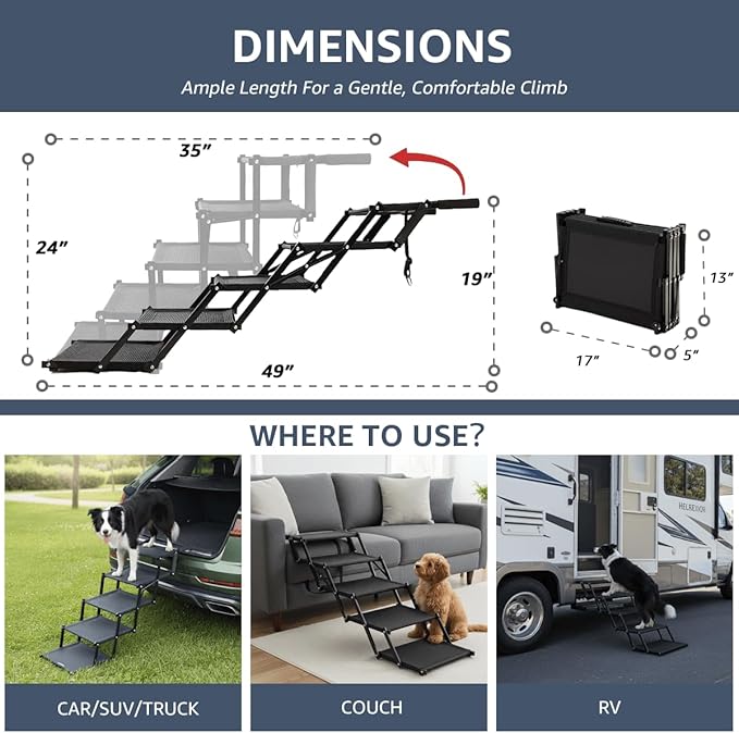 Foldable Dog Stairs for Large Dogs - Extra Wide Pet Ramp for Cars, SUV, Truck, Non-Slip Surface, Supports Up to 250 Lbs, 5 Steps