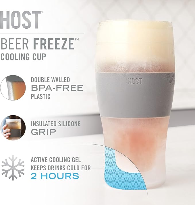 Host Freeze Beer Glasses, Frozen Beer Mugs, Freezable Pint Glass Set, Insulated Beer Glass to Keep Your Drinks Cold, Double Walled Insulated, 16oz, Grey