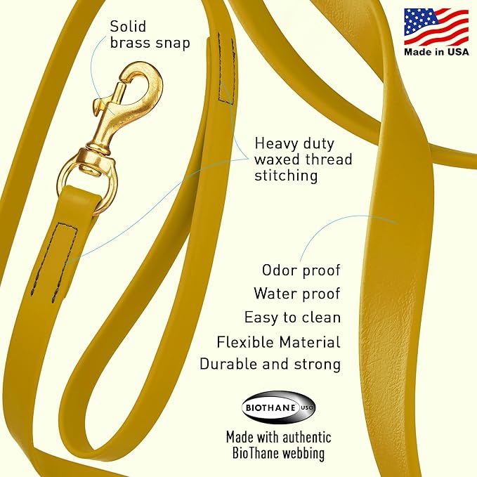 Viper Biothane K9 Working Dog Leash Waterproof Lead for Tracking Training Schutzhund Odor-Proof Long Line with Solid Brass Snap for Puppy Medium and Large Dogs, 10ft Treasure Gold