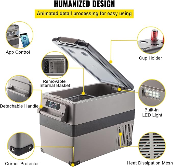 VEVOR 12 Volt Refrigerator, 48 Quart (45L) Fast Cooling Portable Freezer with App Control (-4℉~68℉), Car Fridge with 12/24v DC & 110-240v AC for Travel, Truck, Camping and Home Use, Grey