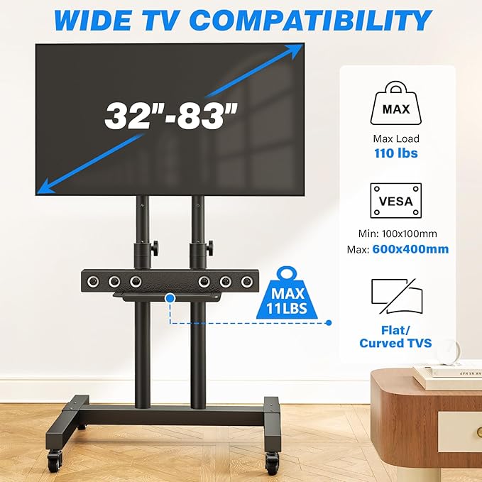 Rfiver Mobile TV Cart Rolling TV Stand for 32-83 Inch Screens up to 110lbs, Portable TV Stand on Wheels with Height Adjustable Shelf, Outdoor TV Stands Mount for Home Office MAX VESA 600x400mm, Black