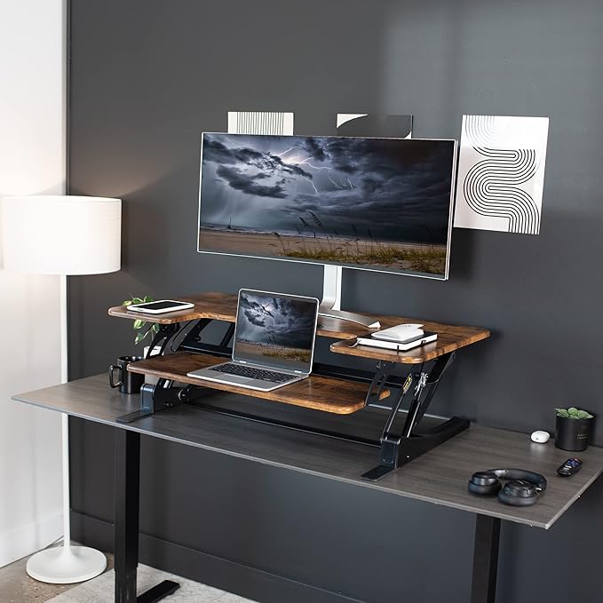 VIVO 42 inch Height Adjustable Stand Up Desk Converter, V Series, Quick Sit to Stand Tabletop Dual Monitor Riser Workstation, Rustic Vintage Brown Top, Black Frame, DESK-V000VLN