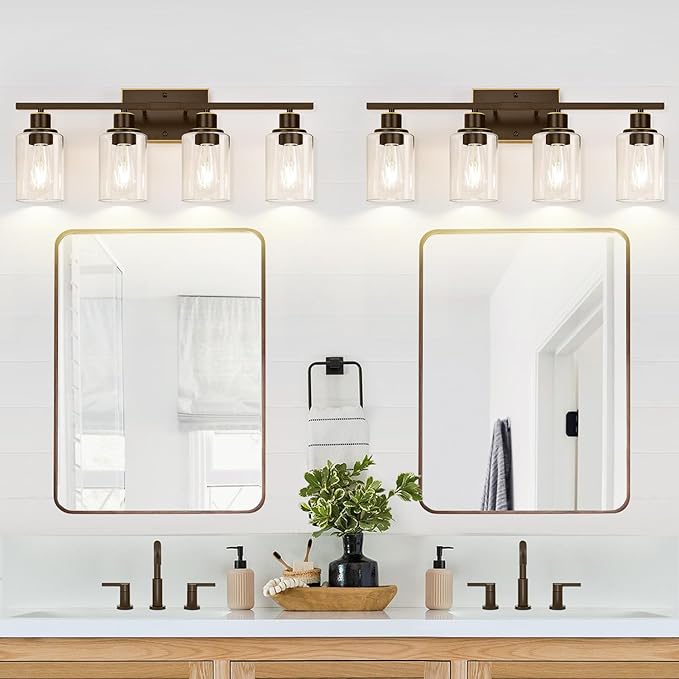 4 Light Bathroom Light Fixtures, Oil-Rubbed Bronze Modern Vanity Lights with Clear Glass Shades, Bathroom Wall Lamp for Mirror Living Room Cabinet