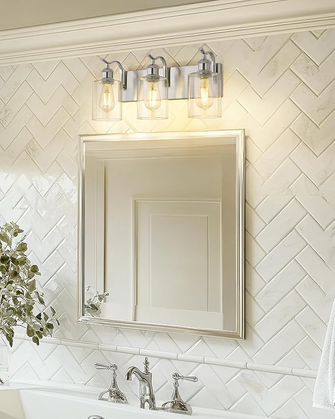 3-Light Bathroom Vanity Light, Brushed Nickel Wall Sconce, Modern Bathroom Light with Clear Glass, VL01BN-3