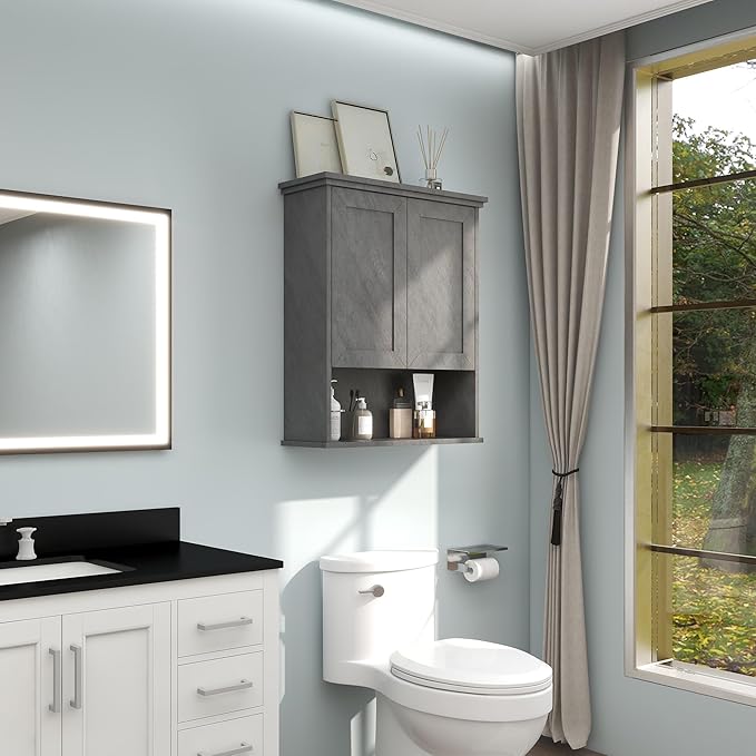 Bathroom Wall Cabinet Over Toilet Storage Cabinets 25x30 in Above Toilet Wood Medicine Cabinets for Bathroom Wall Mounted Cabinet with 2 Door & Adjustable Shelf Texture Grey