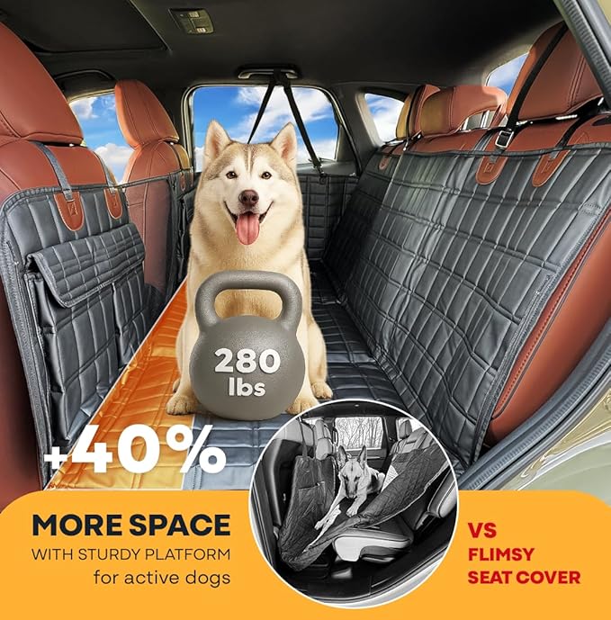 APetsPlanet Dog Car Seat Cover for Back Seat Hard Bottom - Waterproof Backseat Extender for Dogs - Pet Hammock Bed for Car, Truck, SUV with Mesh Window & Storage - Black Leather, with Door Covers
