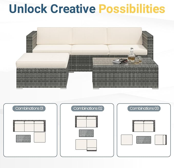 Wisteria Lane 5 Piece Outdoor Patio Furniture Set, All Weather Wicker Rattan Sectional Sofa Conversation Set with Cushions & Glass Coffee Table, Ideal for Backyard Porch Garden Balcony, Beige