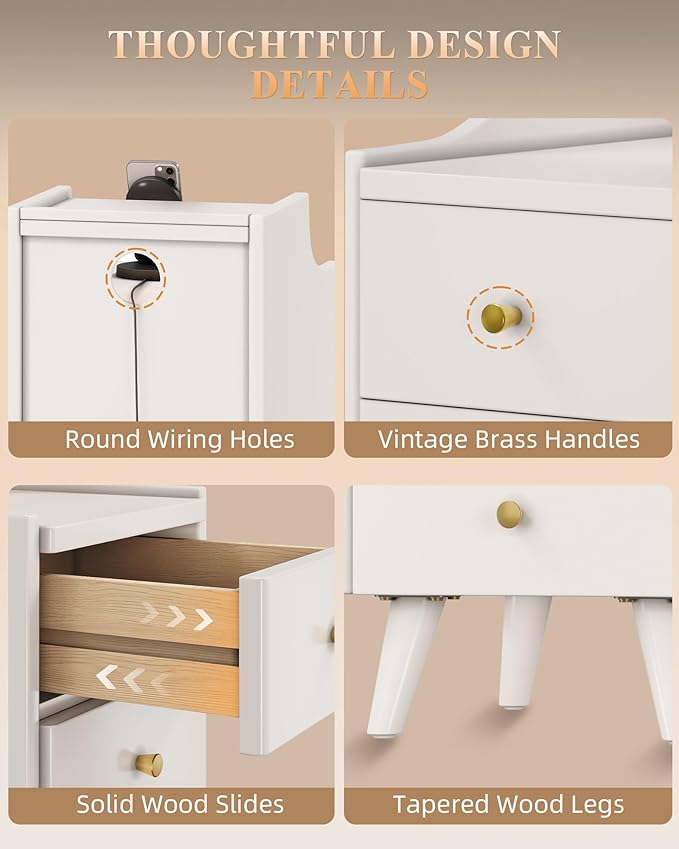 Narrow Nightstand with Drawers, 15.7" Slim Solid Wood Bedside Table with Open Shelf & Cable Hole, Modern Storage Side Table for Bedroom, Living Room, White
