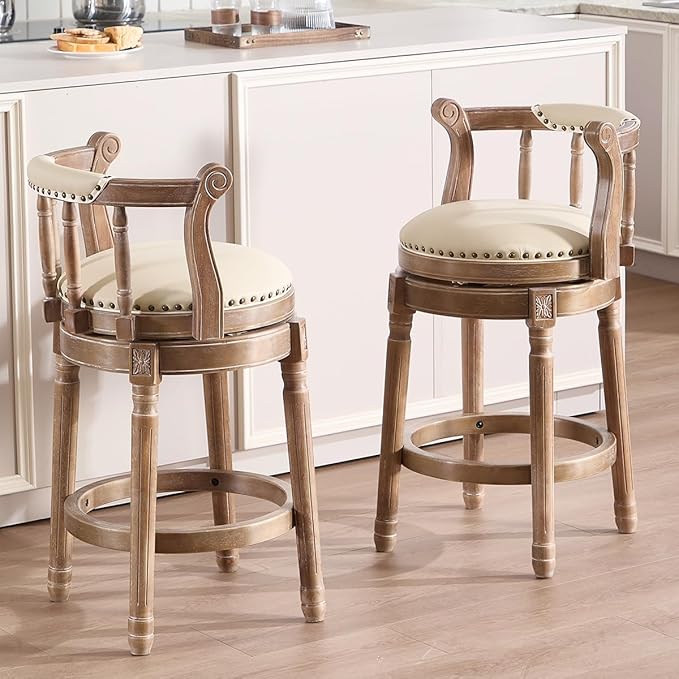 Cow top Leather Wooden Bar Stools, 360 Degree Swivel Bar Height Chair with Backs for Home Kitchen Counter, Morden Chair Barstools (Retro-Beige, Counter Height-Seat Height 26”)