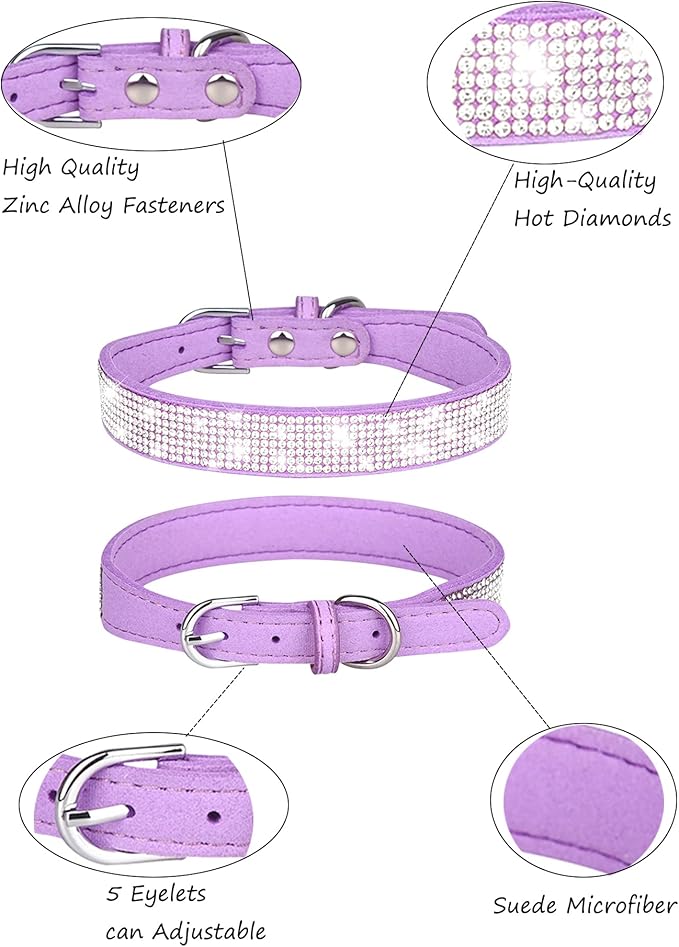 Dog Collar for Medium Dogs, Adjustable Leather Suede Bling Dog Collars，Rose Red Dog Collar Cat Collar, Rhinestone Dog Collar (M, Purple)