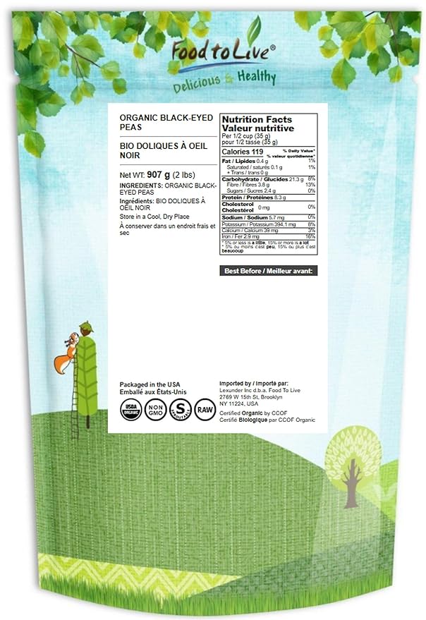 Food to Live Organic Black-Eyed Peas, 2 Pounds – Raw Dried Cow Peas, Non-GMO, Bulk Beans, Product of the USA