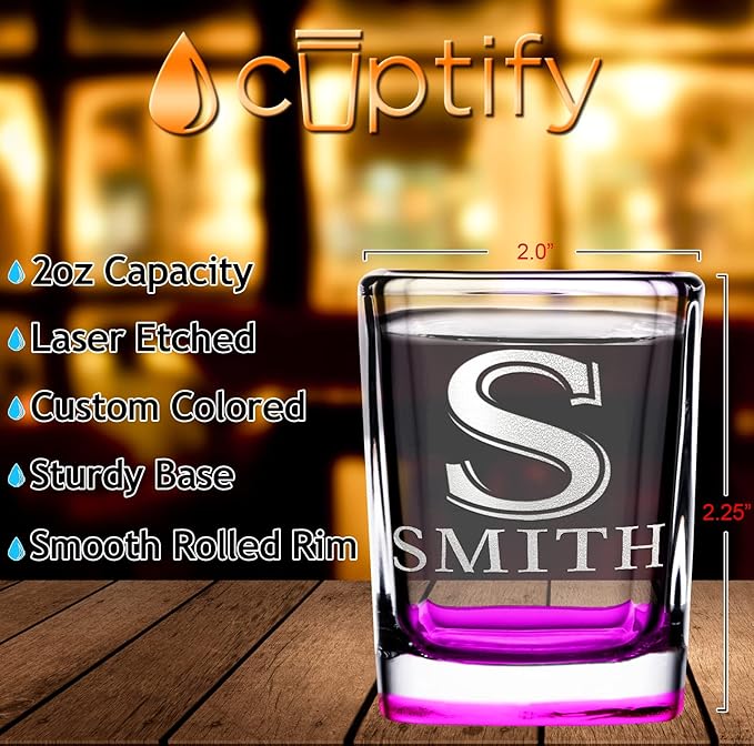 Personalized Square Shot Glasses Pink Bottom 2oz Engraved Initial and Name Custom Gifts, Weddings, Birthdays, Bachelorette Party and Decorations for Women