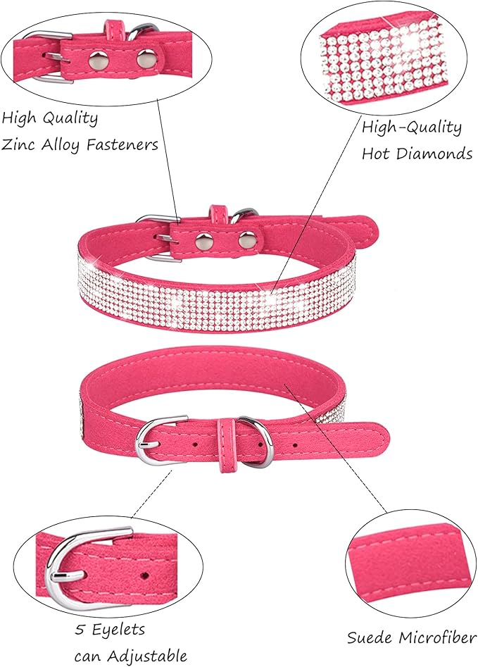 Dog Collar for Small Dogs, Adjustable Leather Suede Bling Dog Collars，Rose Red Dog Collar Cat Collar, Rhinestone Dog Collar (XS, Rose red)