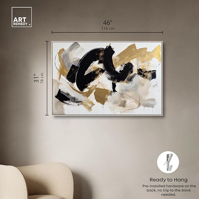 Art Remedy Moved Abstraction Canvas Modern Black White Abstract Wall Art, Silver Frame, 45" x 30"