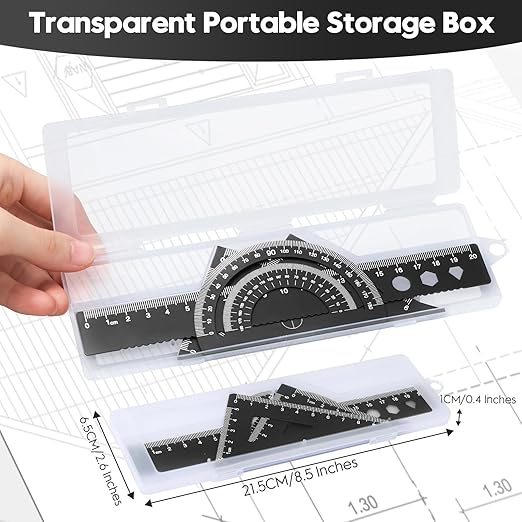 MSDADA Triangle Ruler, Protractor, Square and Ruler Set, 4 Pieces Aluminum Alloy Ruler, Metal Drafting Ruler Kit, Geometric Protractor for Student, School, Home, Office (Black, 20cm/7.87inch)