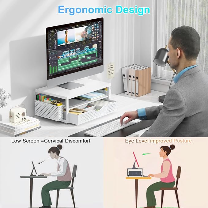gianotter Wood Monitor Stand Riser, Office Desk Shelf Organizer, Desk Organizer with Drawer and Pen Holder, 2-Tier Computer Stand, Office Organization (Matte White)