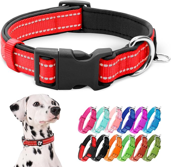 azuza Reflective Dog Collar, Soft Neoprene Padded Pet Collar with ID Tag Ring, Adjustable for Large Dogs,Red,L