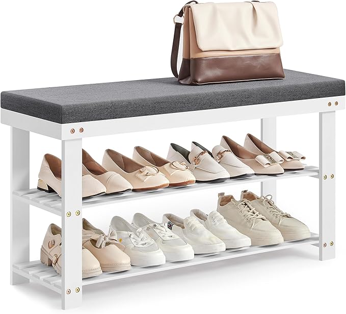 SONGMICS Bamboo Shoe Bench, 3-Tier Shoe Rack Organizer for Entryway, Living Room, Bench Seat Holds Up to 300 lb, 11.9 x 35.4 x 19.2 Inches, Cloud White and Slate Gray ULBS904W01