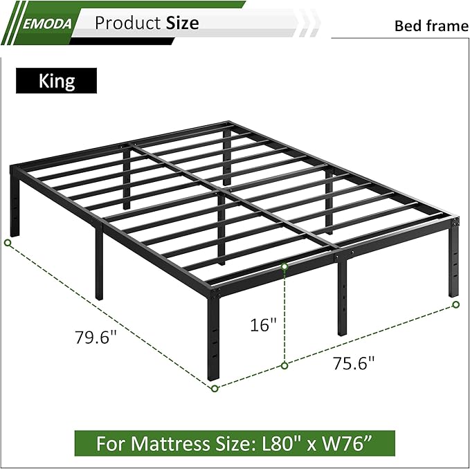 EMODA 16 Inch Platform King Bed Frame No Box Spring Needed, Heavy Duty Metal Mattress Foundation with Sturdy Steel Slats Support, Noise Free, Easy Assembly, Black