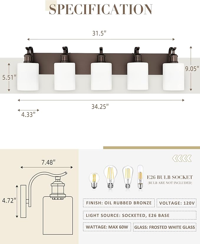 5 Light Bathroom Vanity Light, Morden Vanity Lighting Fixtures Over Mirror Oil Rubbed Bronze Bathroom Wall Sconce with Milky White Frosted Shade ZCVL01ORBW-5